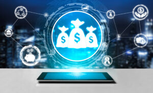 Finance and Money Transaction Technology Concept. Icon Graphic interface showing fintech trade exchange, profit statistics analysis and market analyst service in modern computer application.